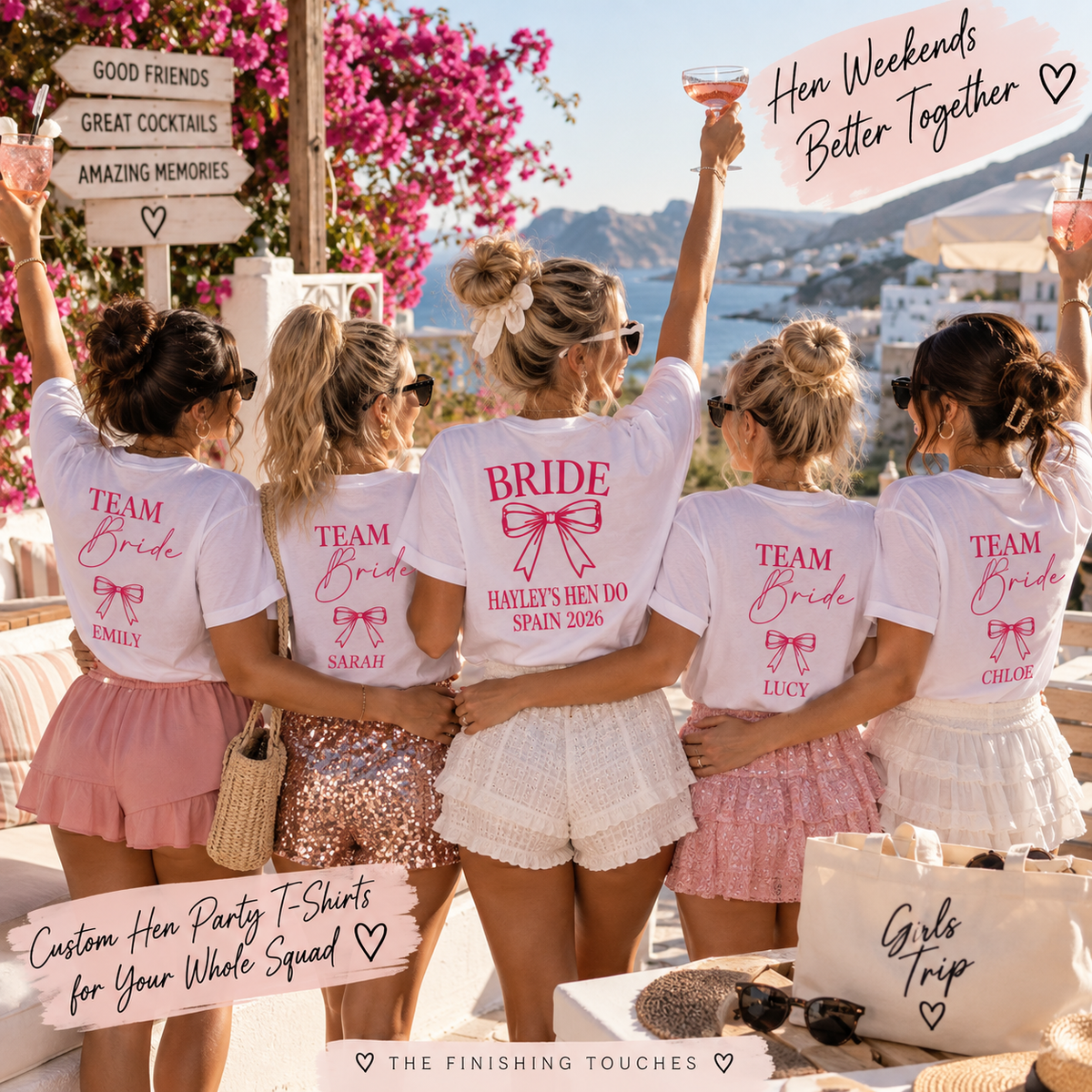 Bride and friends wearing matching personalised hen party T-shirts on a hen weekend with custom names and roles.