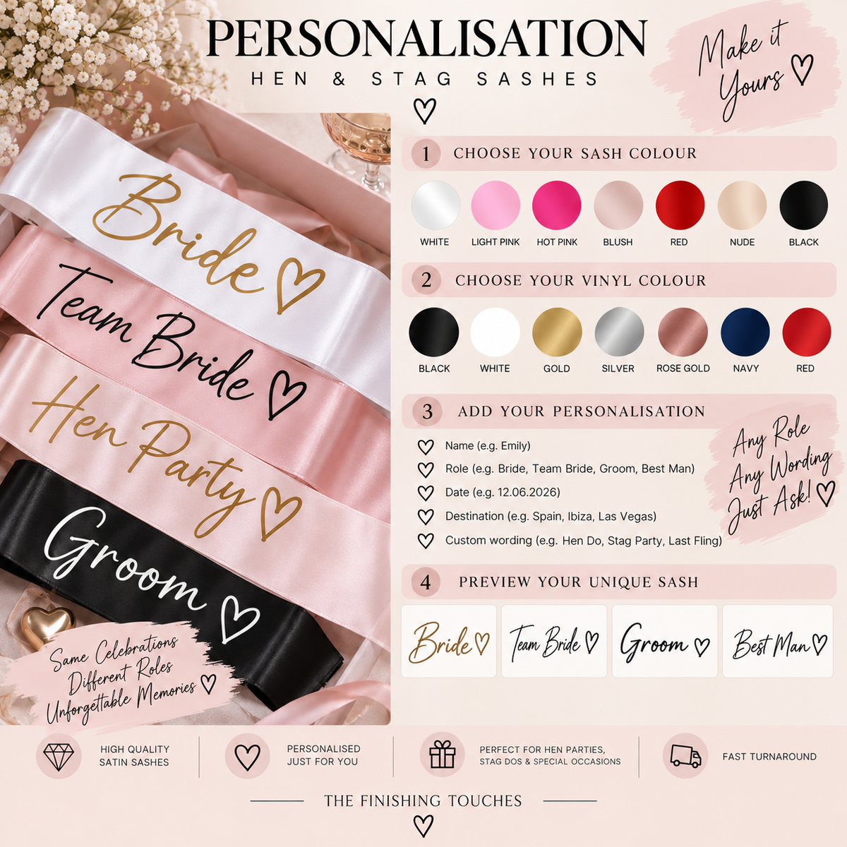 Personalised hen and stag sash guide showing custom names, roles, dates, destinations, sash colours and vinyl colour choices.