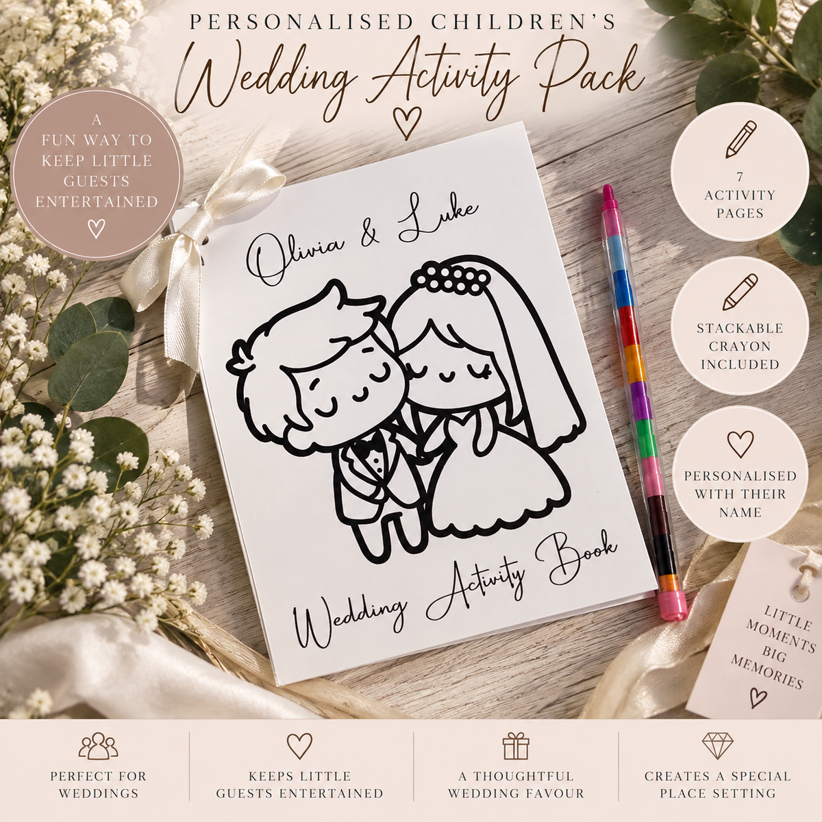 Personalised children's wedding activity pack with activity book and stackable crayon