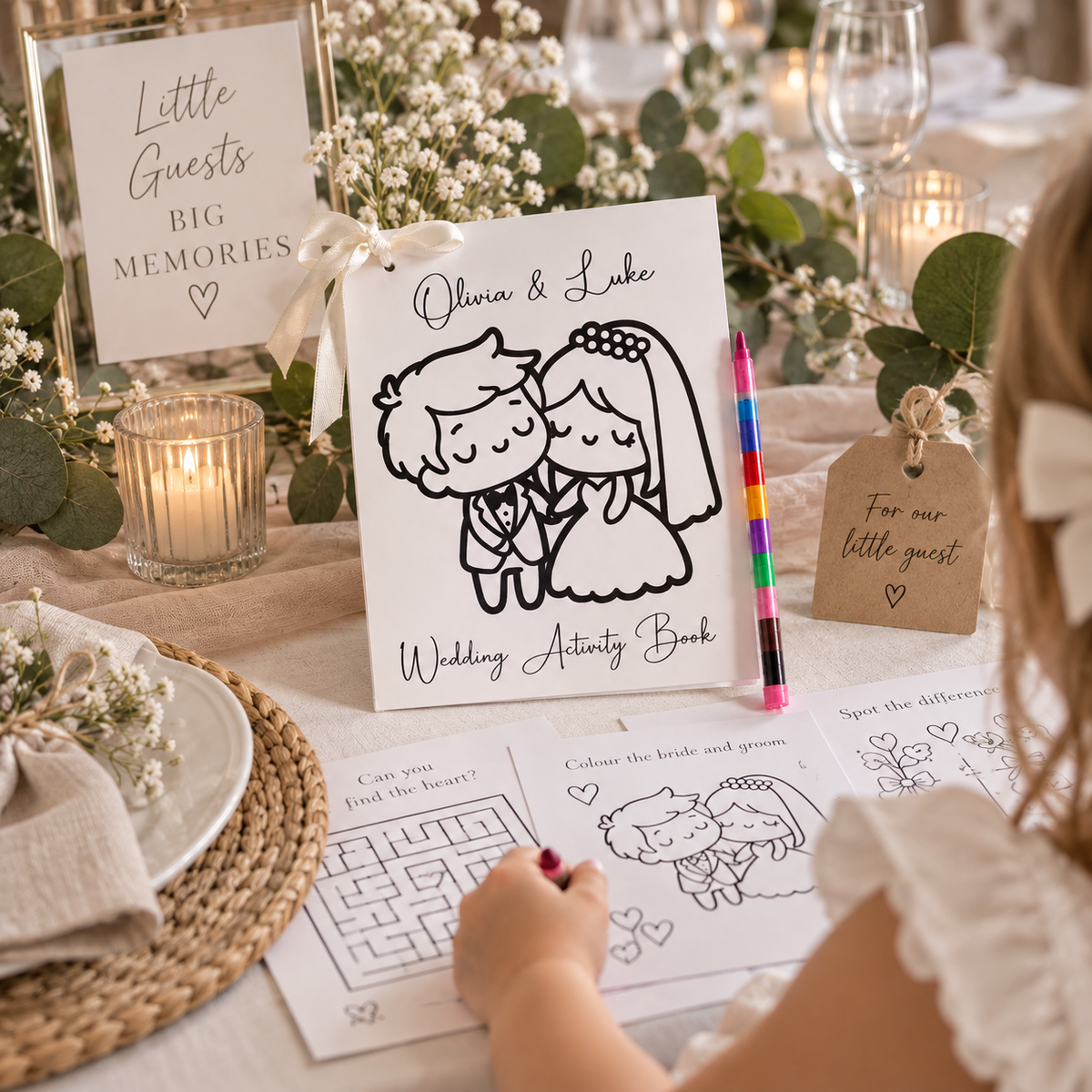 Children's wedding activity pack displayed at a wedding table for little guests