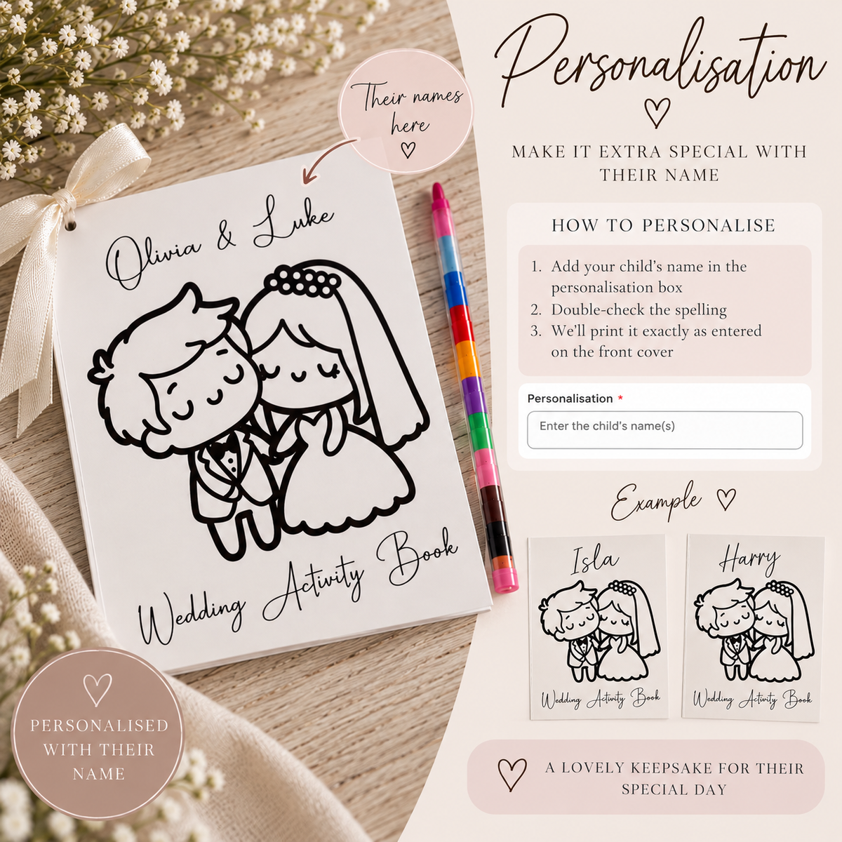 Personalised children's wedding activity book with custom child's name on the front cover