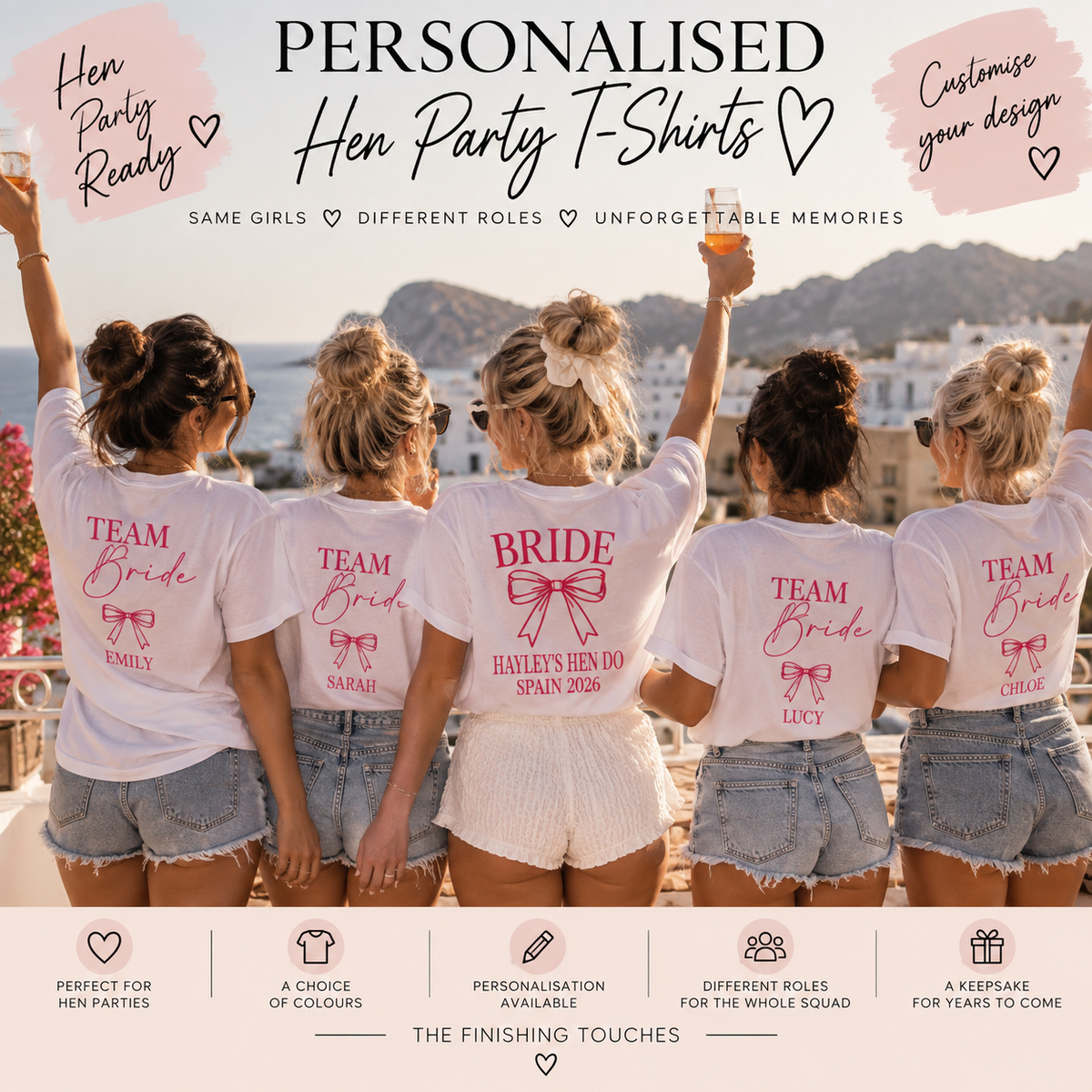 Personalised hen party T-shirts worn by Bride and Team Bride with custom names, hen do destination and date.