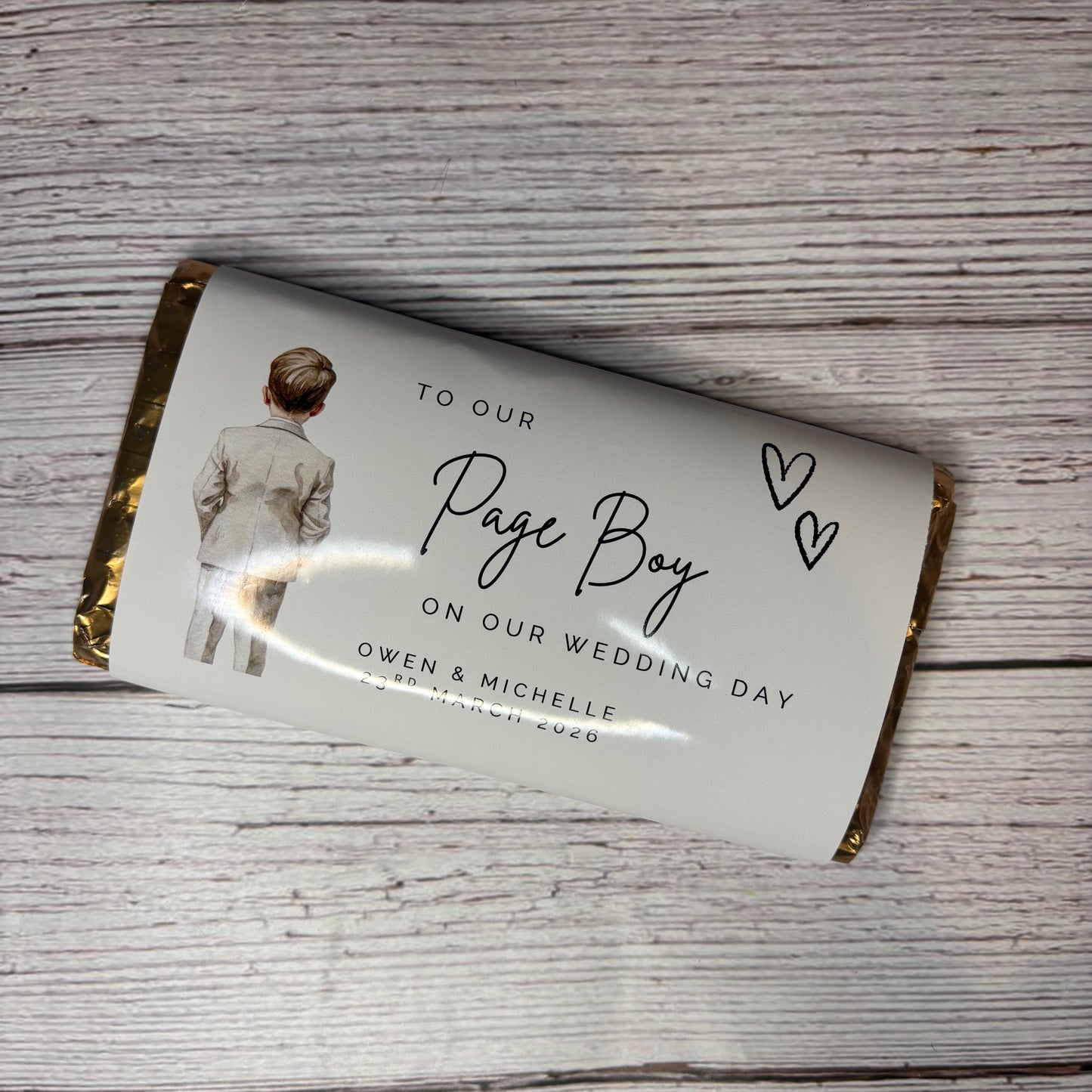 To our Page Boy on our Wedding Day Chocolate Wrapper