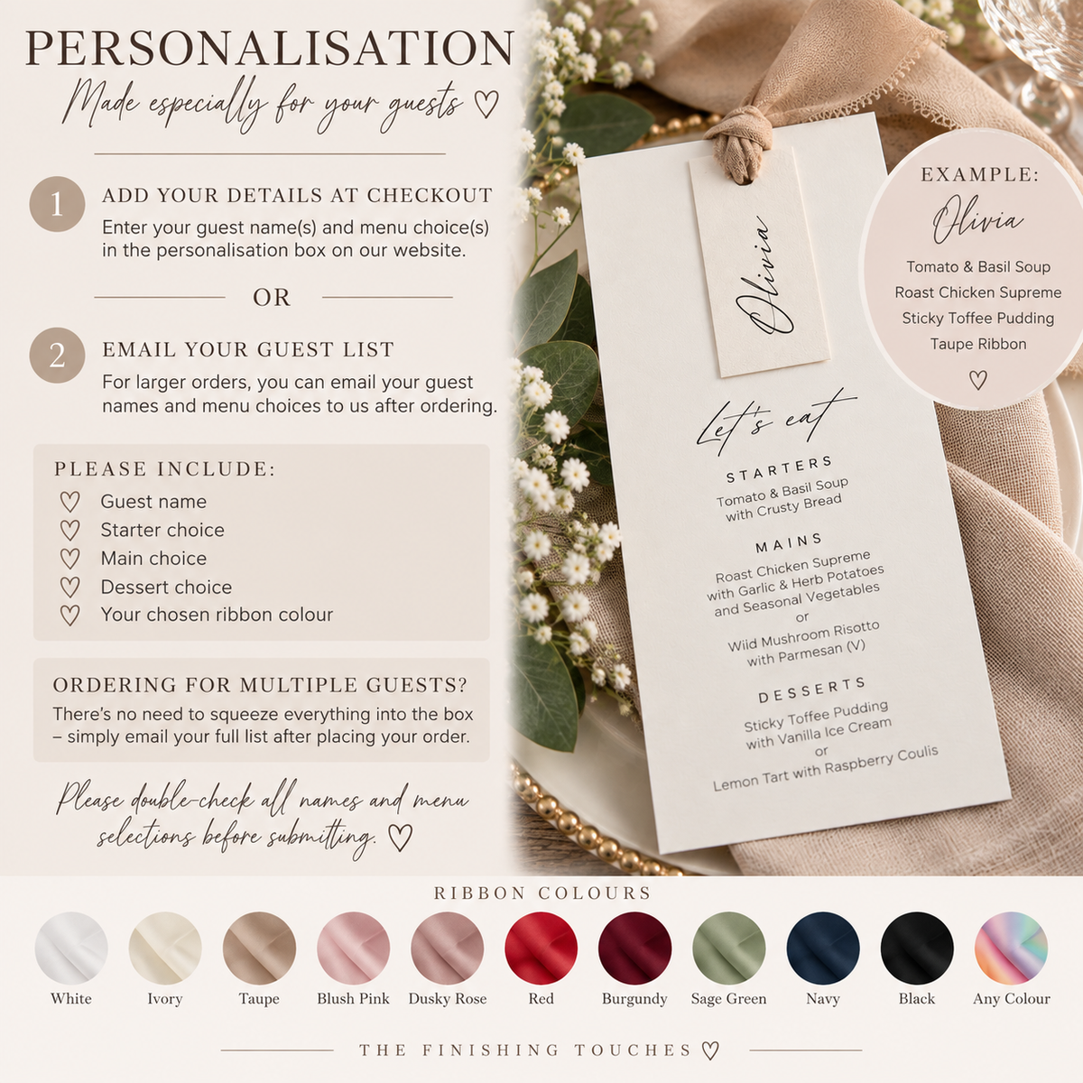 Personalisation guide explaining how to provide wedding guest names, menu choices and ribbon colour for personalised wedding menus.