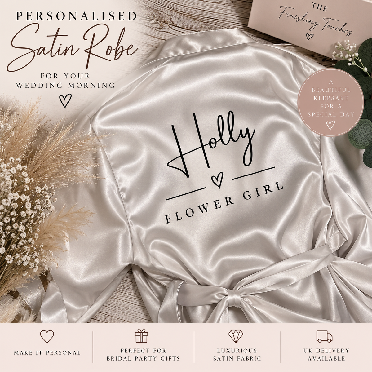 Personalised satin bridal robe with custom name and wedding role