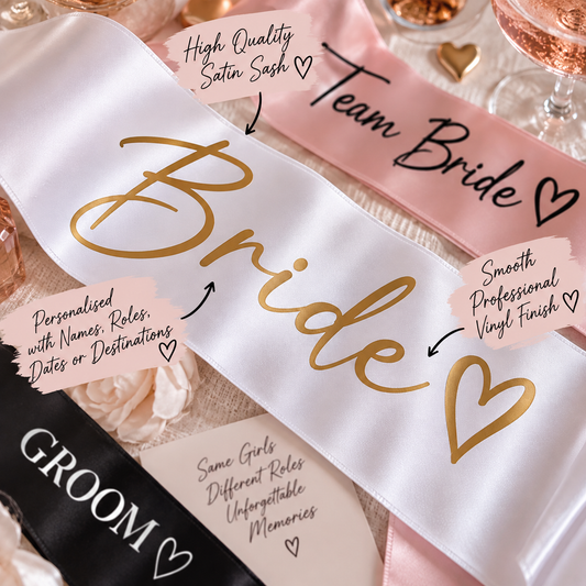 Close-up of personalised satin Bride sash with smooth gold vinyl alongside Team Bride and Groom party sashes.