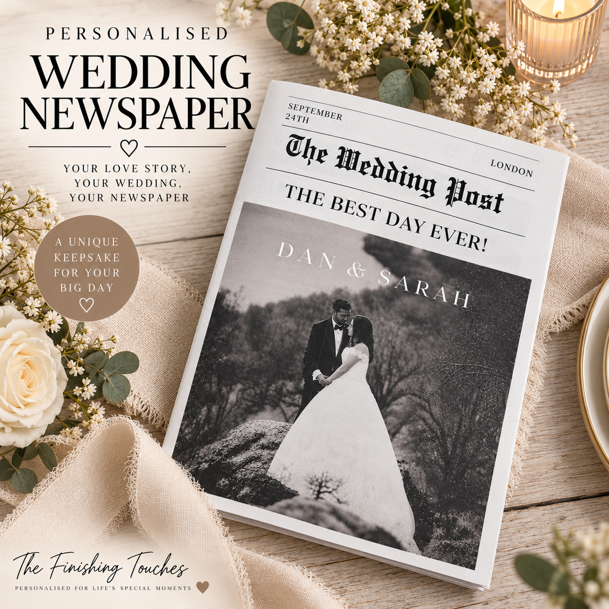Personalised wedding newspaper with custom couple photo and wedding details