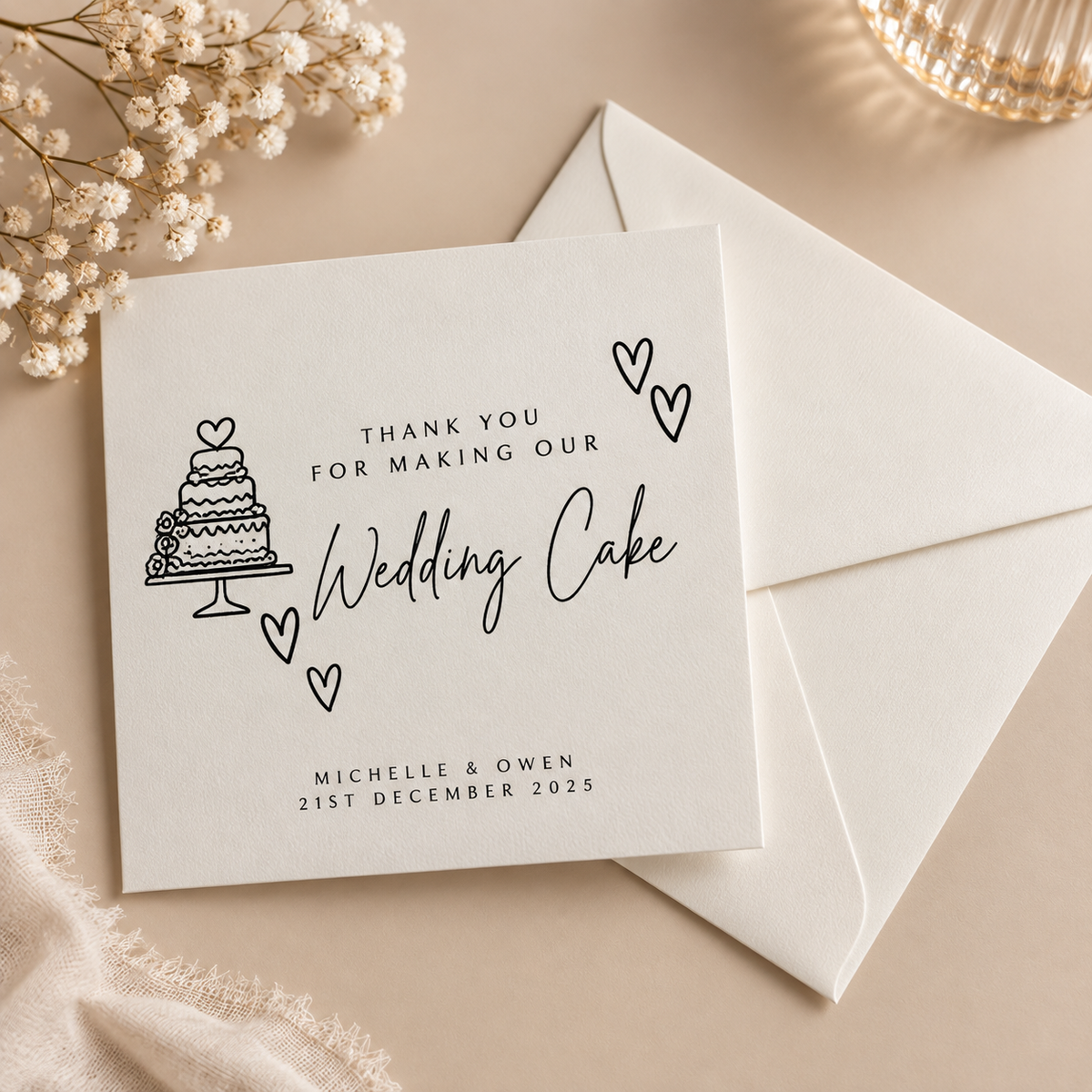 Personalised wedding vendor thank you card with envelope, designed as a thoughtful gift for wedding suppliers and personalised with couple's names and date.