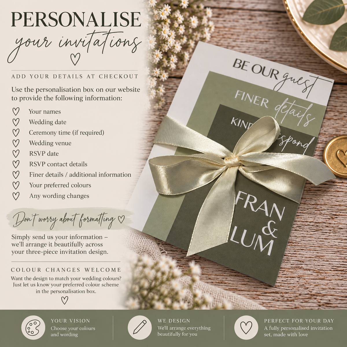 Personalisation guide for custom wedding invitations showing names, wedding date, venue, RSVP details, wording and wedding colour options.