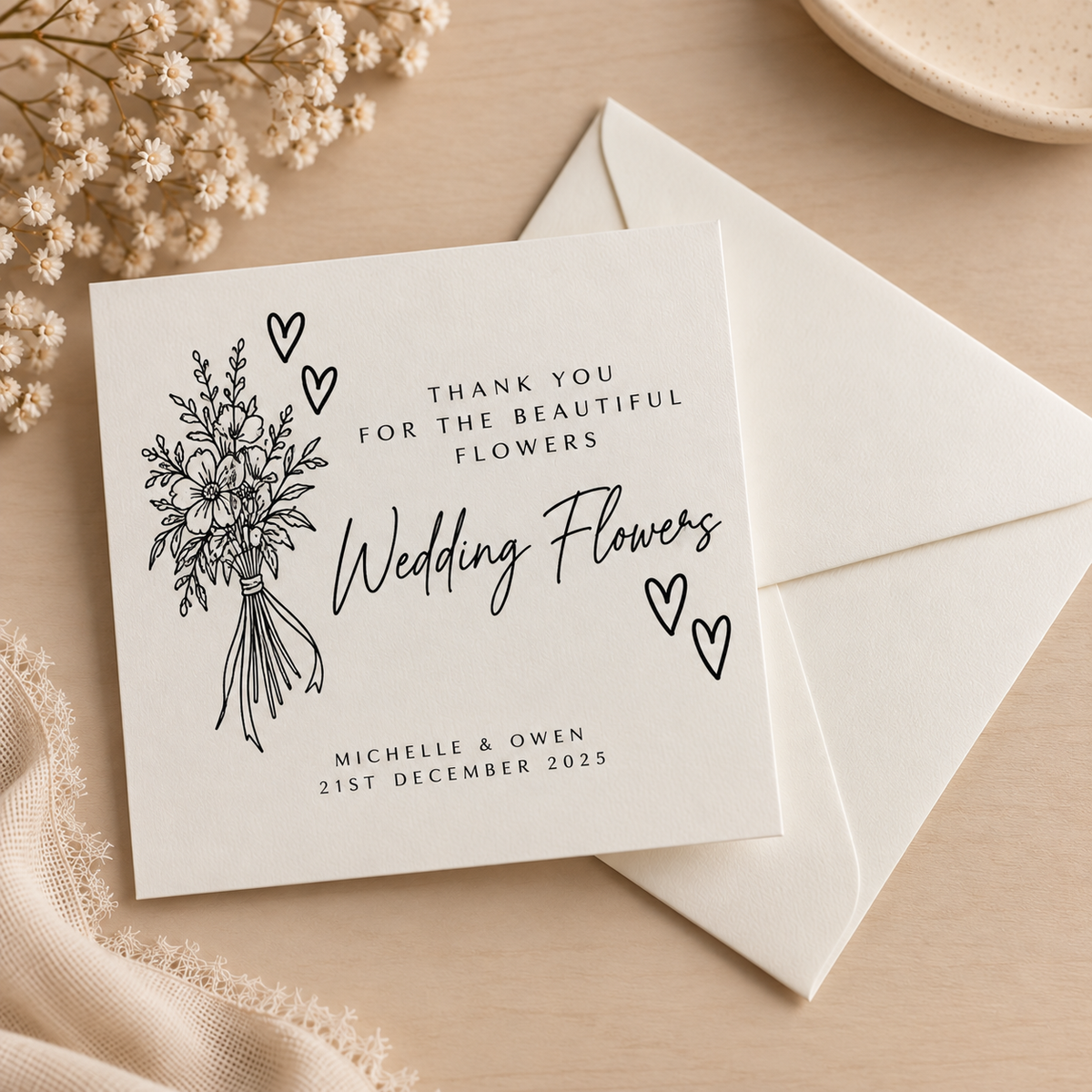 Personalised wedding supplier thank you cards for wedding cake maker, photographer, florist, venue, hair stylist and make-up artist.