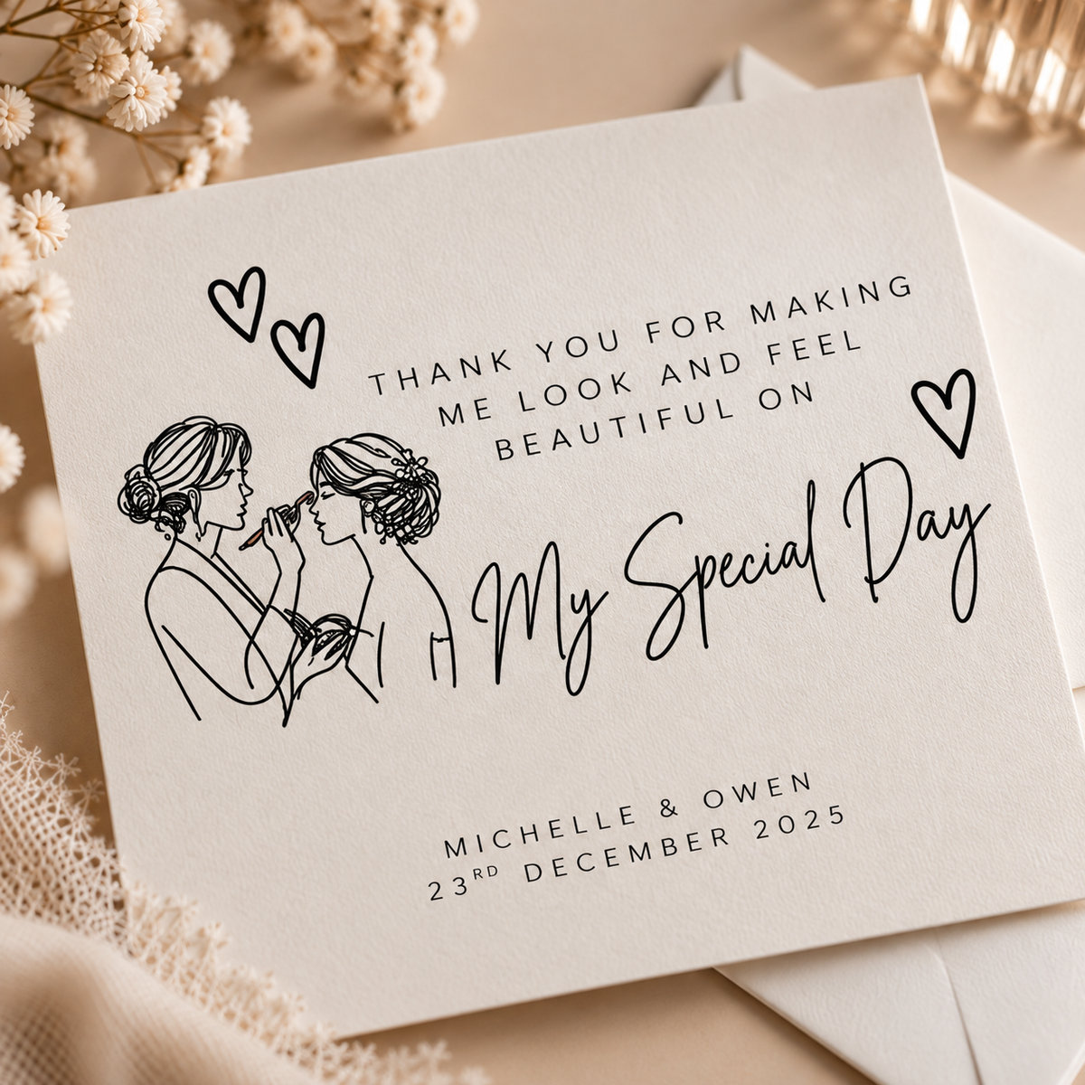 Close-up of personalised wedding vendor thank you card showing custom couple's names, wedding date and wedding supplier design.