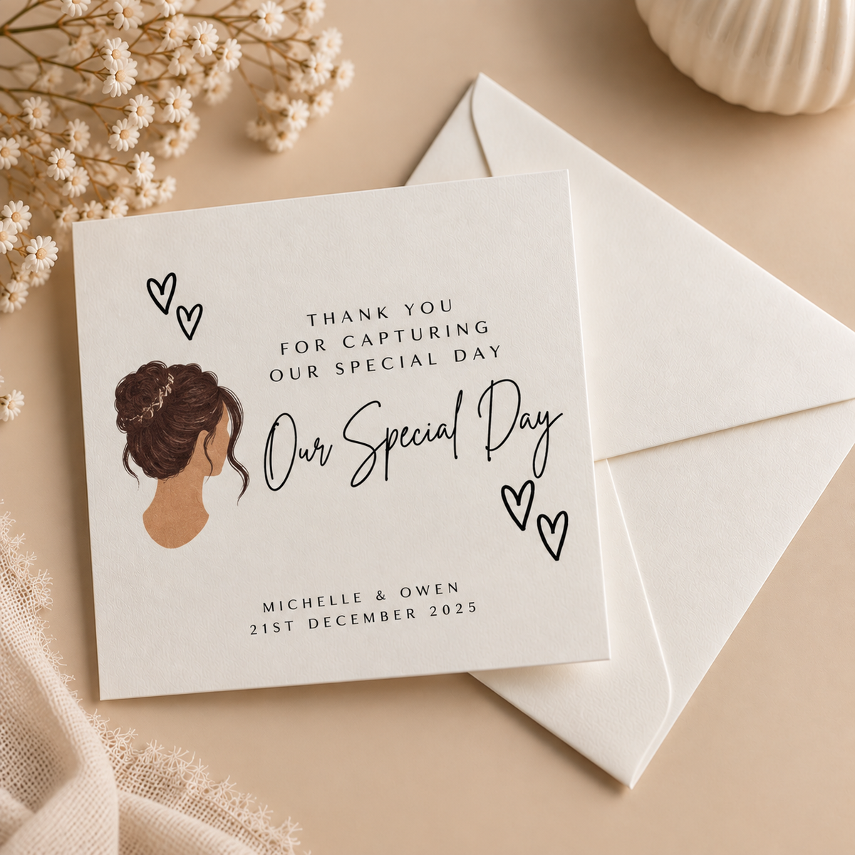 Personalised wedding supplier thank you cards for wedding cake maker, photographer, florist, venue, hair stylist and make-up artist.