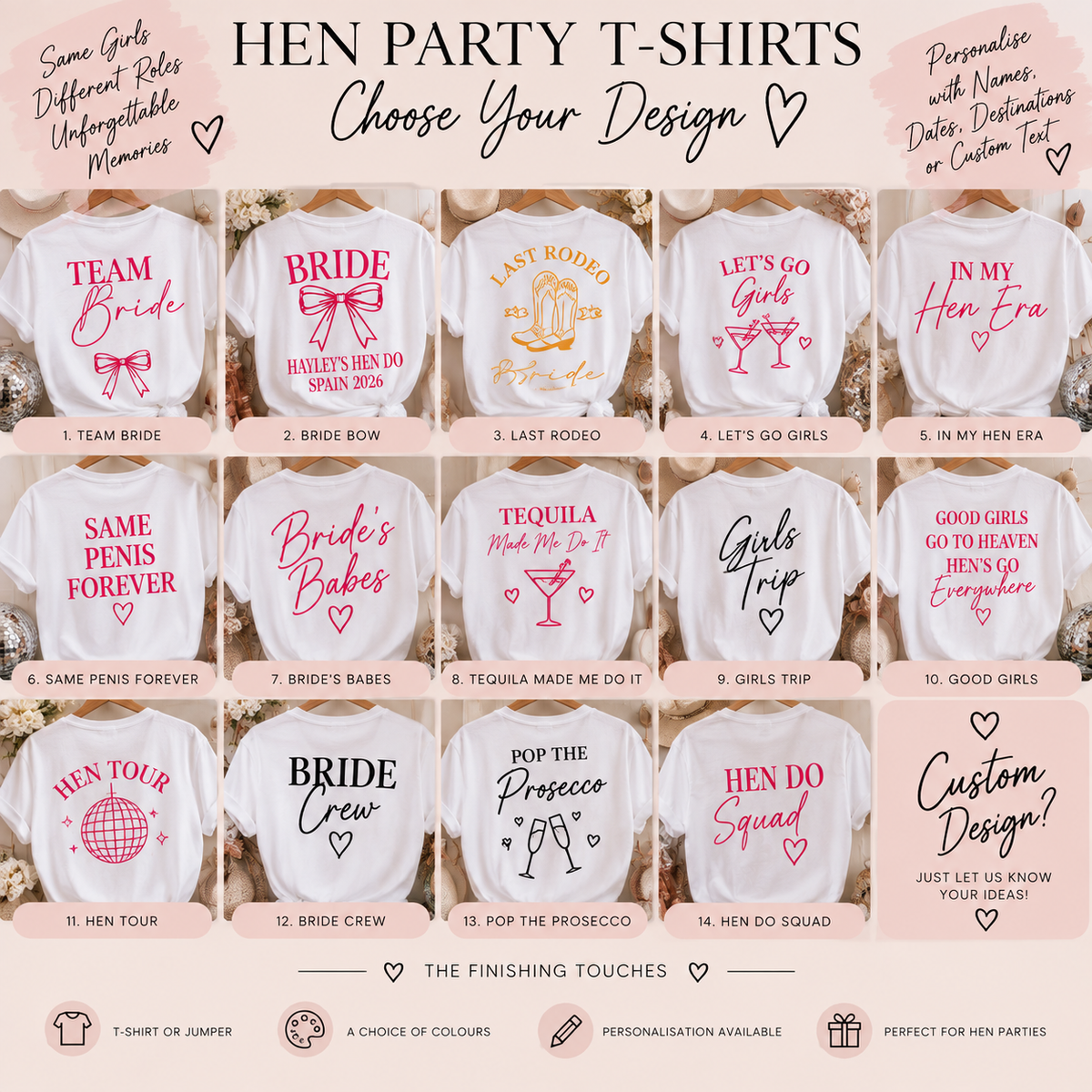 Personalised hen party T-shirt design choices including Team Bride, Last Rodeo, Let's Go Girls, Girls Trip, Bride Crew and Hen Do Squad.