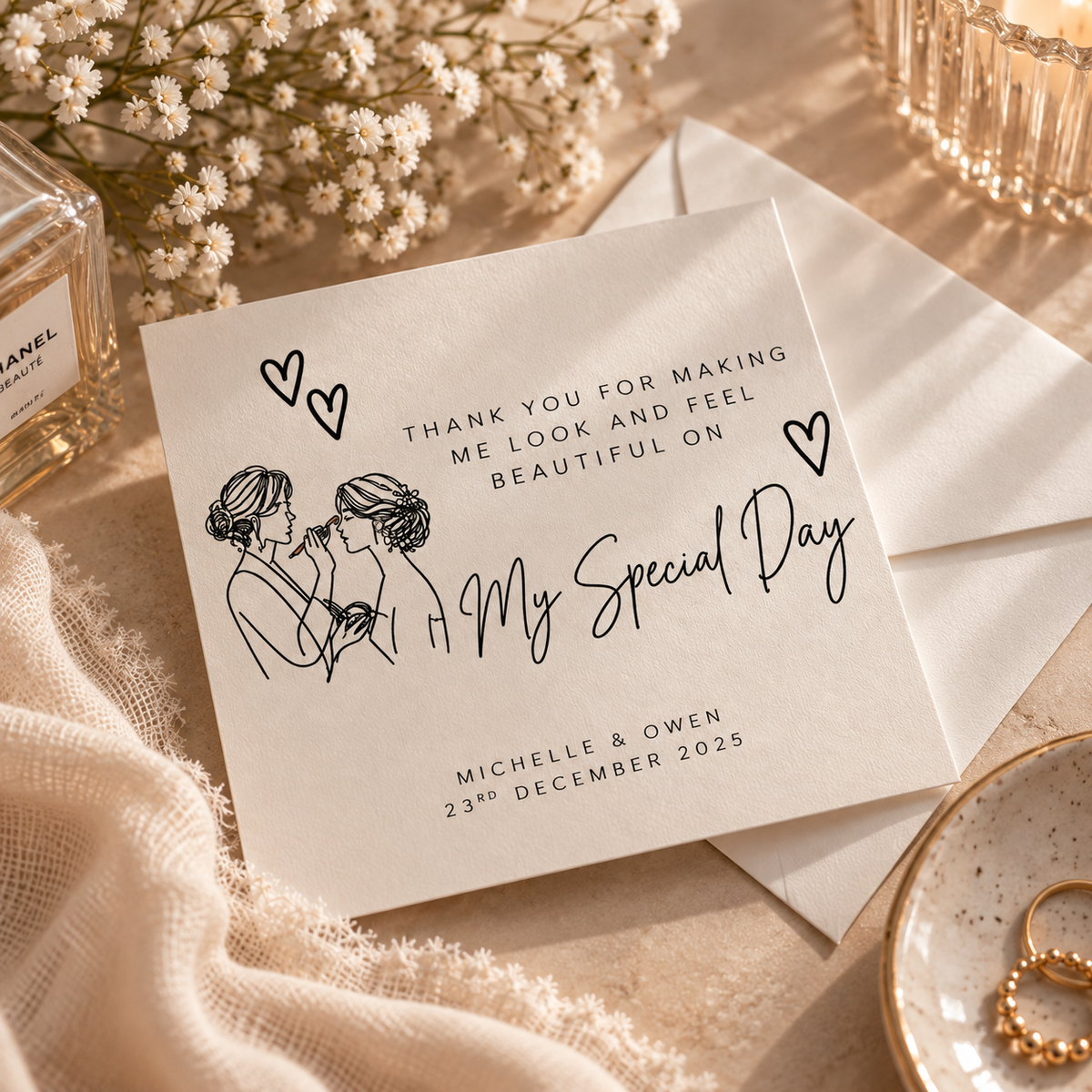 Personalised wedding supplier thank you cards for wedding cake maker, photographer, florist, venue, hair stylist and make-up artist.