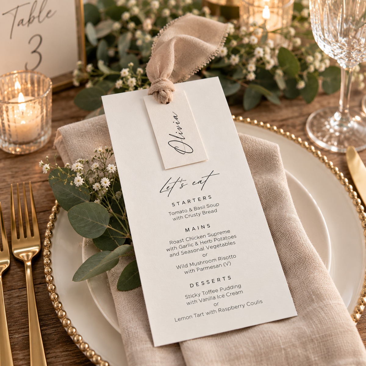 Personalised wedding menu and guest name tag styled as an elegant wedding table place setting with ribbon and greenery.