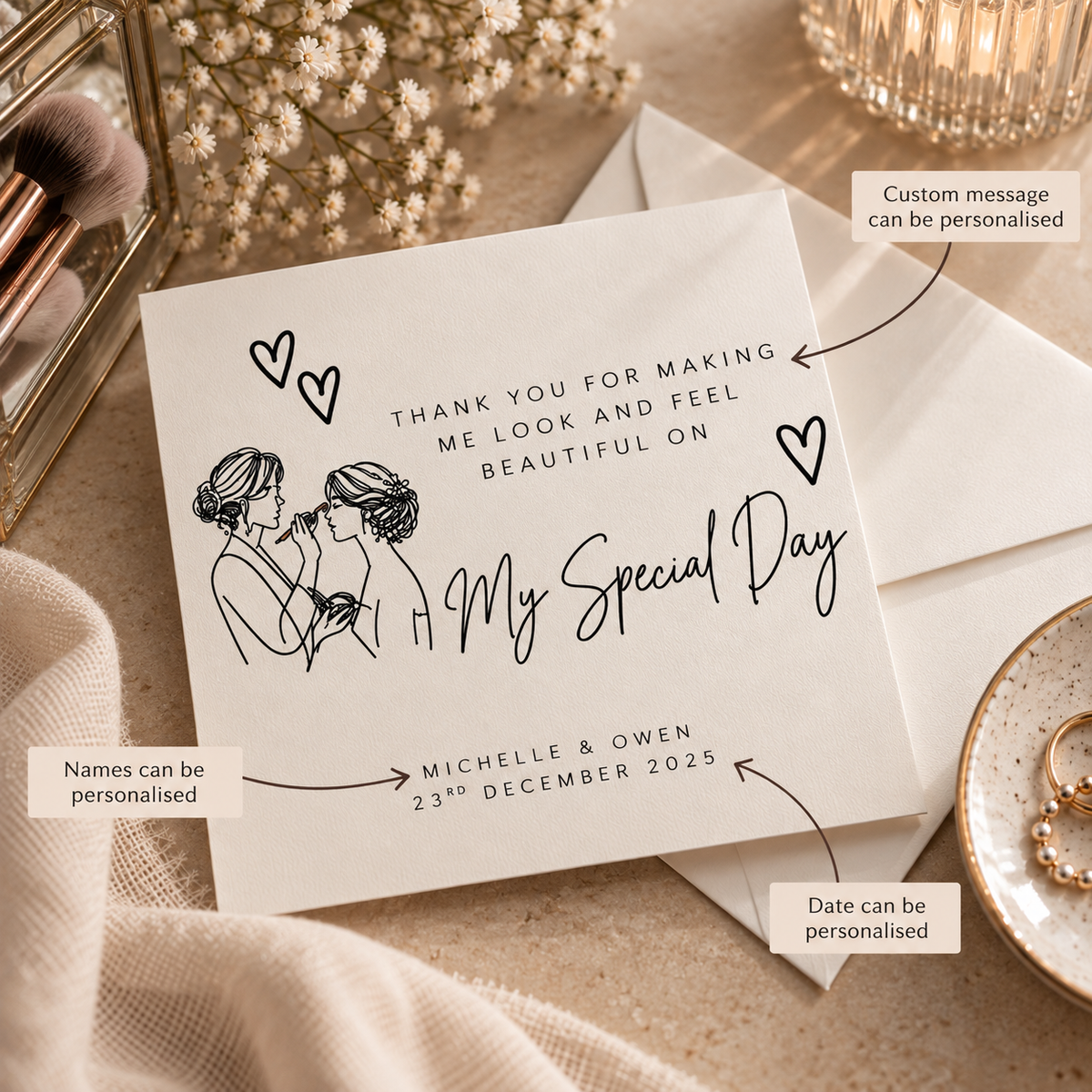 Personalised wedding supplier thank you card showing custom couple's names and wedding date options.