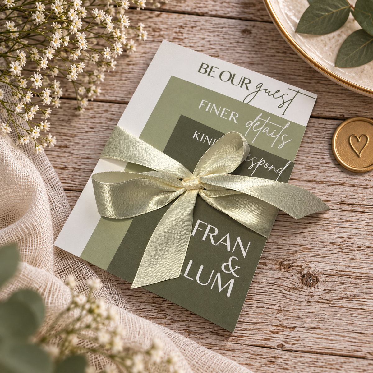 Personalised 3 piece staggered wedding invitation set in sage green, olive and ivory finished with satin ribbon.