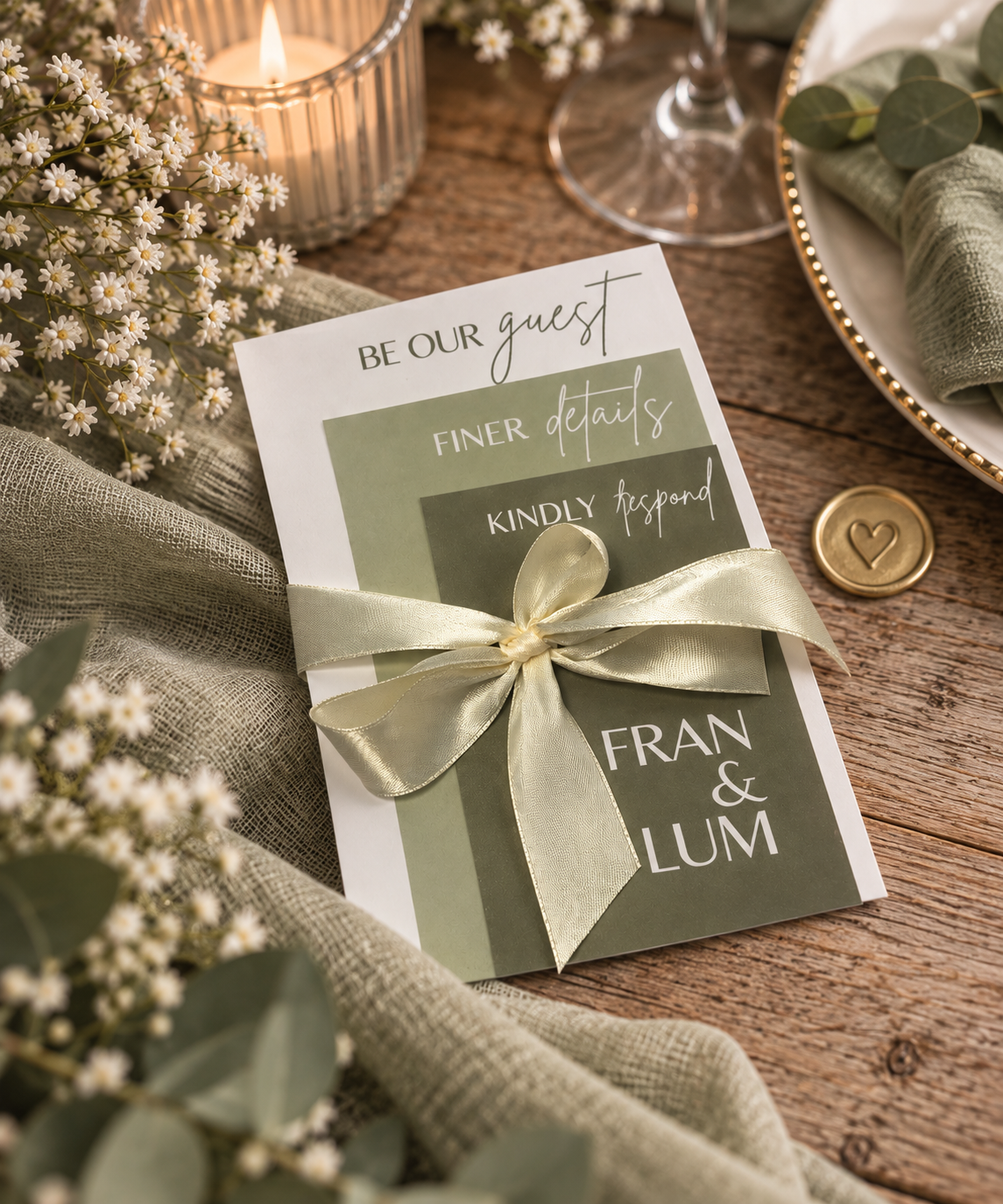 Sage green personalised wedding invitation suite styled on an elegant wedding table with satin ribbon, flowers and greenery.