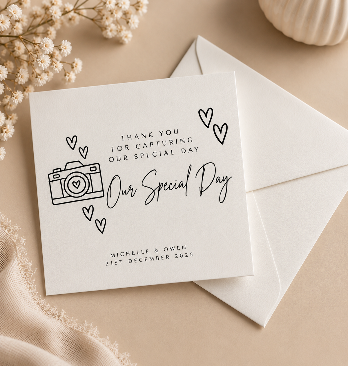 Personalised wedding supplier thank you cards for wedding cake maker, photographer, florist, venue, hair stylist and make-up artist.