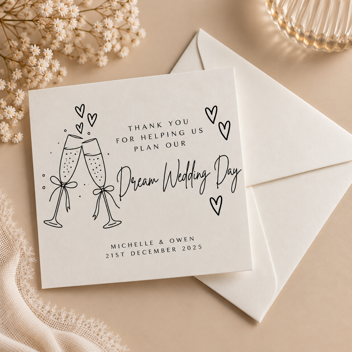 Personalised wedding supplier thank you cards for wedding cake maker, photographer, florist, venue, hair stylist and make-up artist.