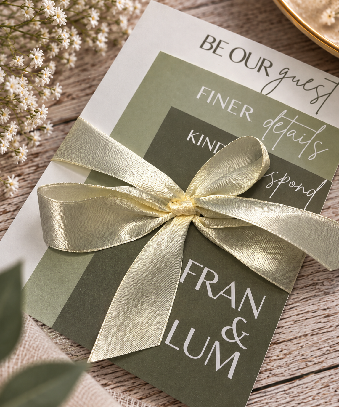 Close-up of sage green personalised wedding invitation set with layered finer details and RSVP cards tied with satin ribbon.