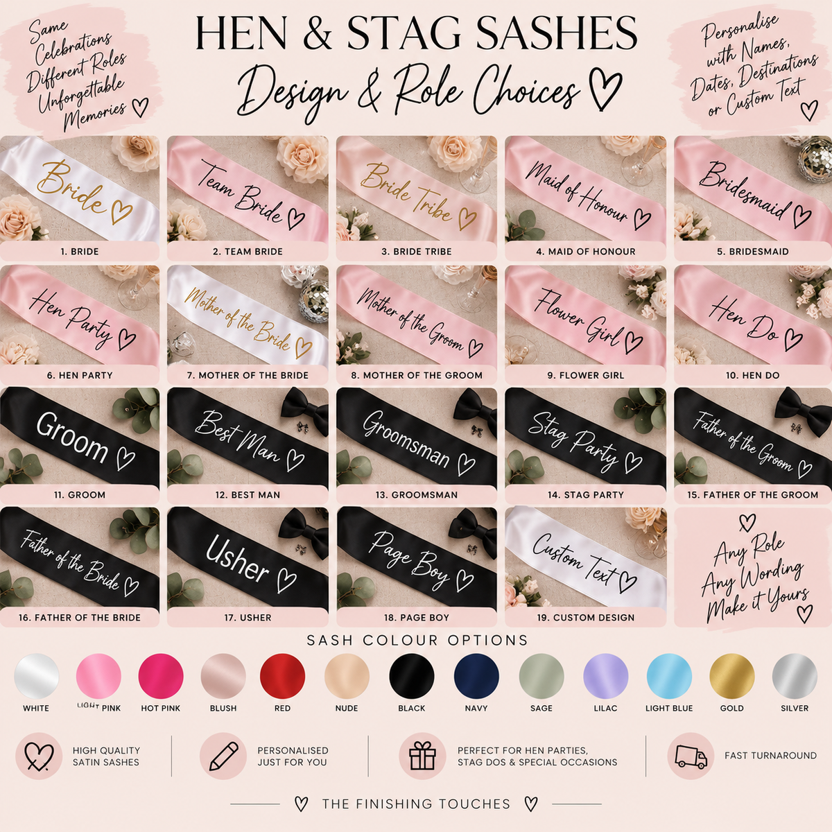 Personalised hen and stag sash role choices including Bride, Team Bride, Bridesmaid, Groom, Best Man, Hen Party and Stag Party.