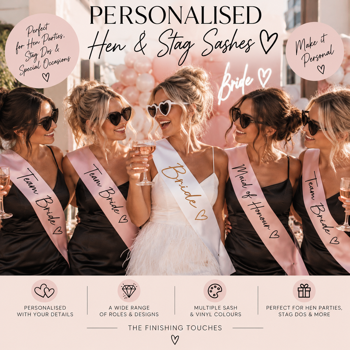 Personalised hen party sashes worn by Bride, Team Bride and Maid of Honour with custom roles and coordinated sash colours.