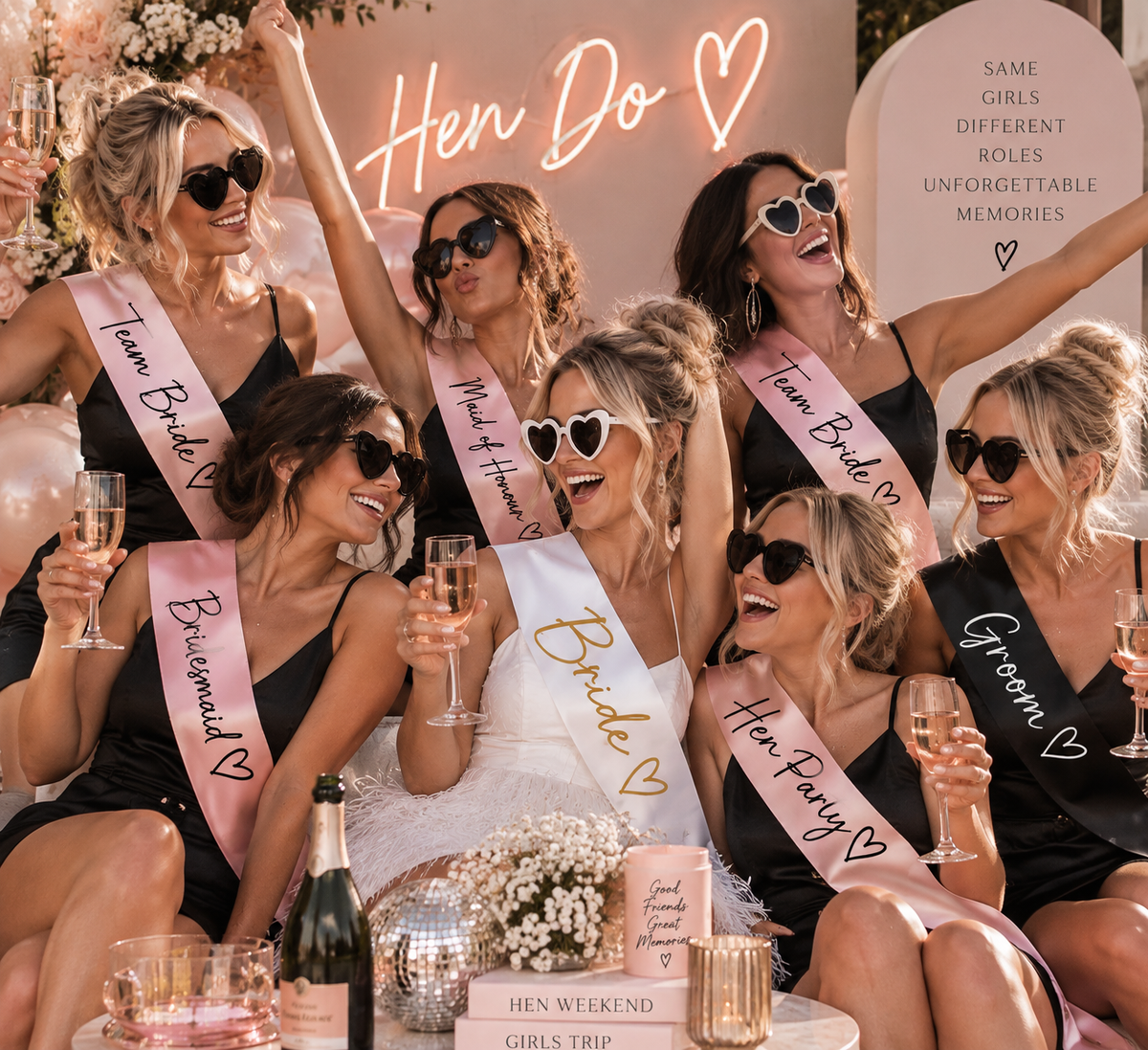 Bride and hen party wearing personalised Bride, Team Bride, Bridesmaid and Maid of Honour sashes during a hen celebration.
