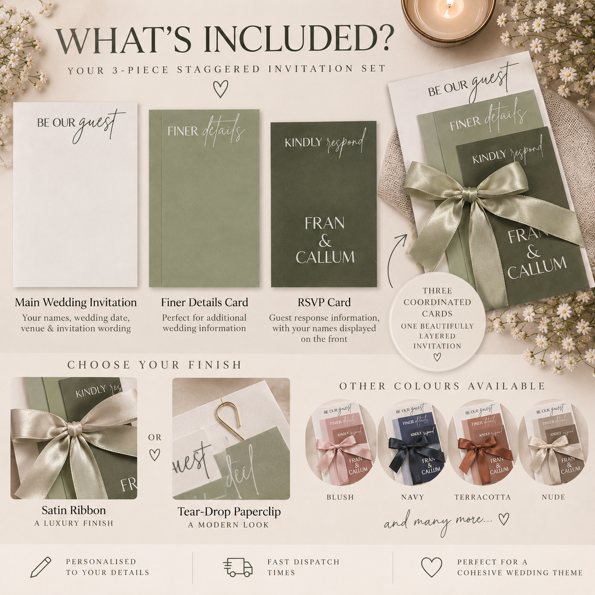 Three piece personalised wedding invitation set including main invitation, finer details card and RSVP card with ribbon or tear-drop paperclip options.